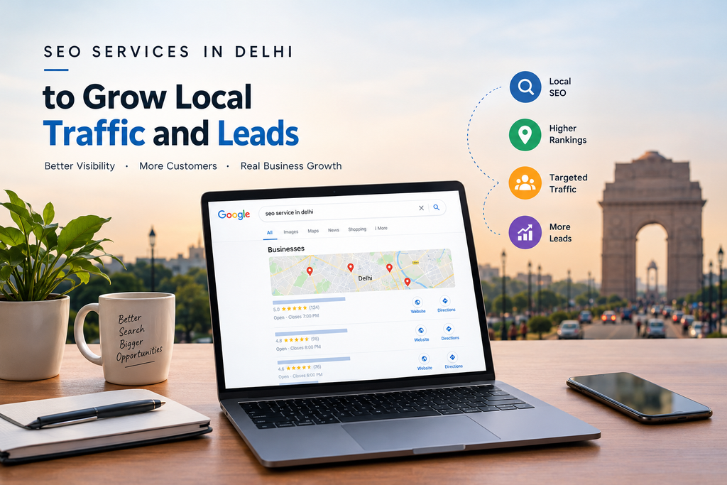 Laptop displaying Google local search results for SEO services in Delhi to grow local traffic and leads.